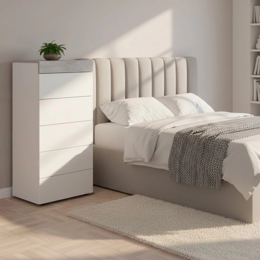 Comò Cassettiera Settimino Per Camera Da Letto Con 5 Cassetti Dal Design Moderno Salvaspazio Con Maniglie Nascoste Ed Interno Tessile 110 X 40 X 61 Cm Bianco E Grigio Cemento
