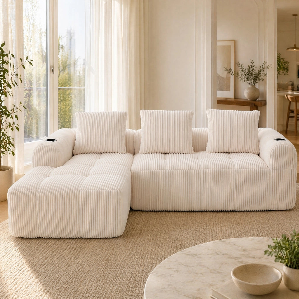 Divano compatto modulare in corduroy beige con tasche laterali, portabicchieri e 3 cuscini, design salvaspazio
