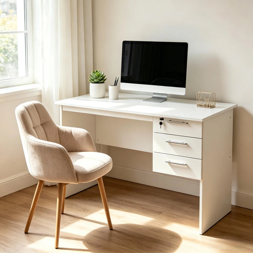 Scrivania lineare con 3 cassetti e serratura, per ufficio e studio, in legno, bianco, 120 × 60 × 75 cm