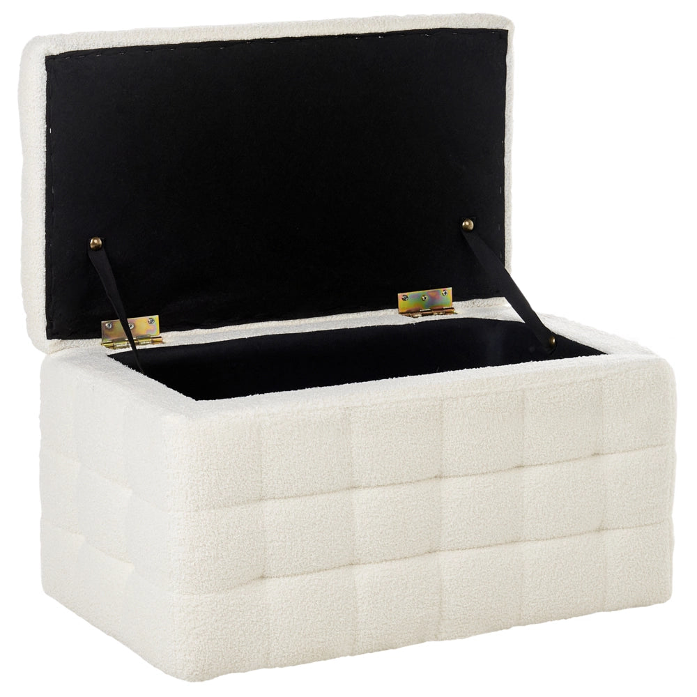 Panca per camera da letto con tappezzeria trapuntata in velluto bouclè bianco ottomana con contenitore
