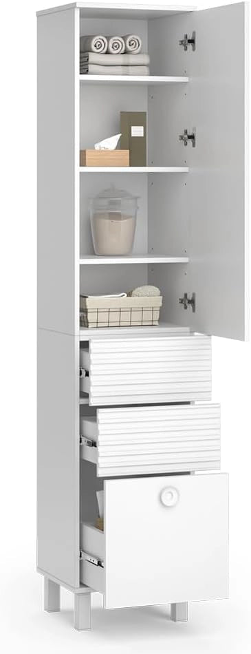 Armadio per il bagno Sola, Bianco, 40.2 x 192.4 cm con anta e cassetti, adatto al montaggio a parete per spazio di archiviazione aggiuntivo