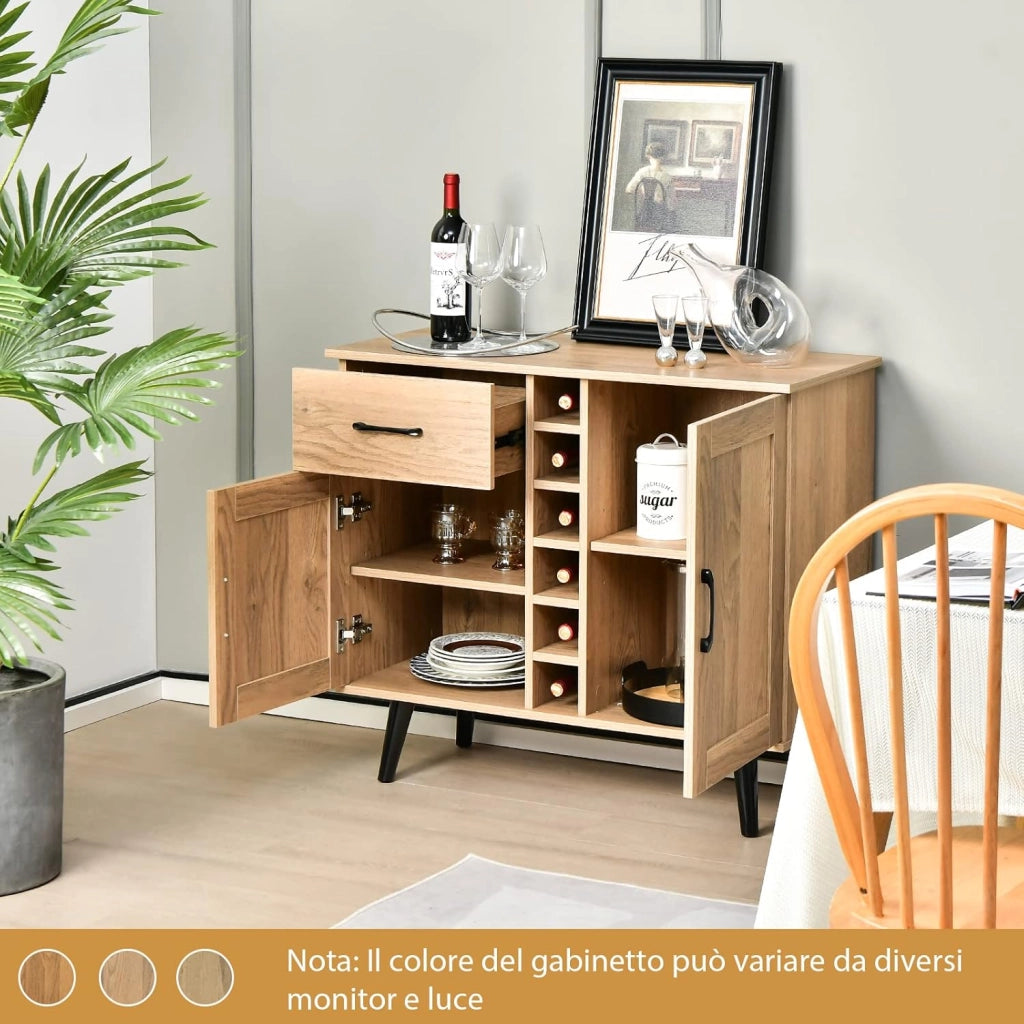 Credenza Buffet Mid Century, Cantinetta Porta bottiglie da 6 Vini, con Cassetto Estraibile e Ripiani Regolabili, Mobile Bar da Cucina e Soggiorno, 90 x 40 x 79 cm, Naturale