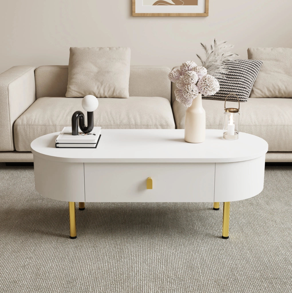 Tavolino da caffè moderno 108 cm con 2 cassetti; dettagli oro; bianco; MDF