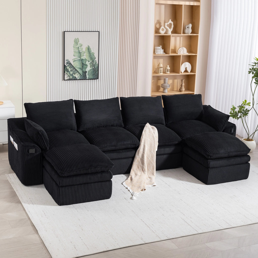Divano modulare 4 posti in velluto a coste con cuscini e tasche laterali per soggiorno, nero 335 × 167 × 85 cm