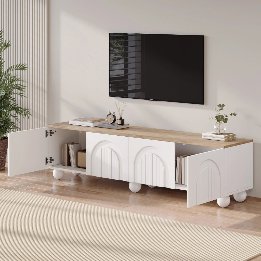 Mobile porta TV con 4 ante e 2 vani, in MDF e gambe in metallo, per soggiorno, bianco e effetto legno, 180 × 40 × 45 cm