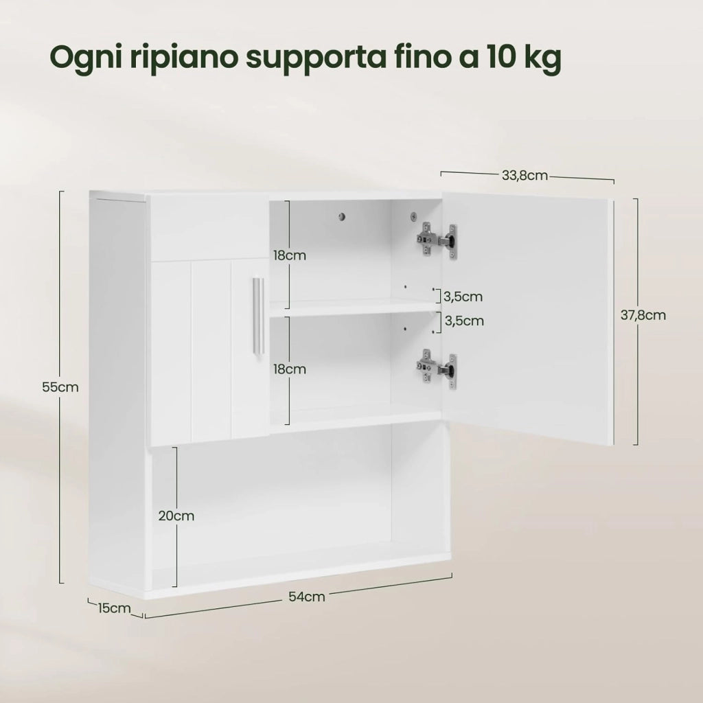 Armadietto da Bagno con Specchio e Anta, Mobiletto Sospeso con 5 Scomparti, Pensile da Cucina, Soggiorno, Camera da Letto, in MDF e Metallo, Bianco