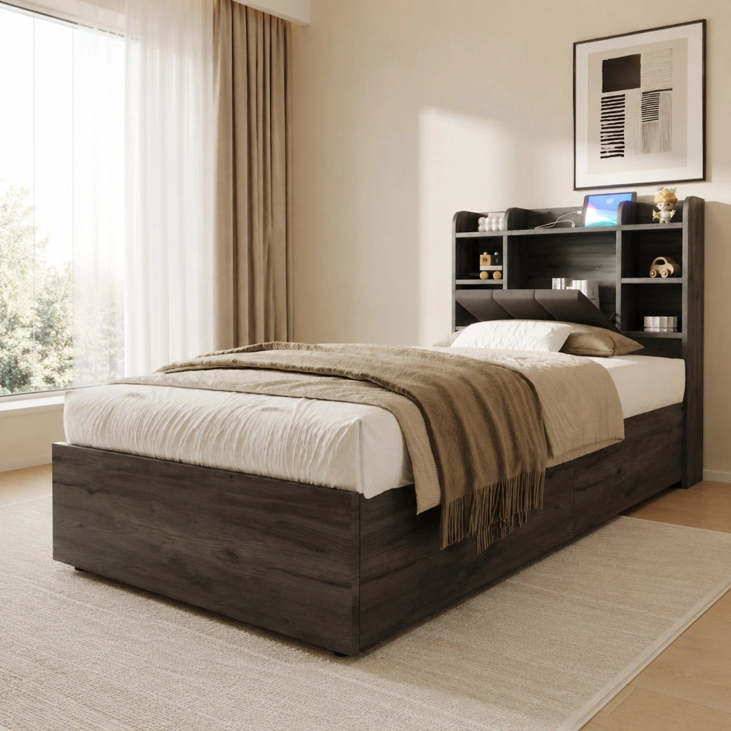 Letto singolo 90x200 cm con contenitore idraulico e prese USB