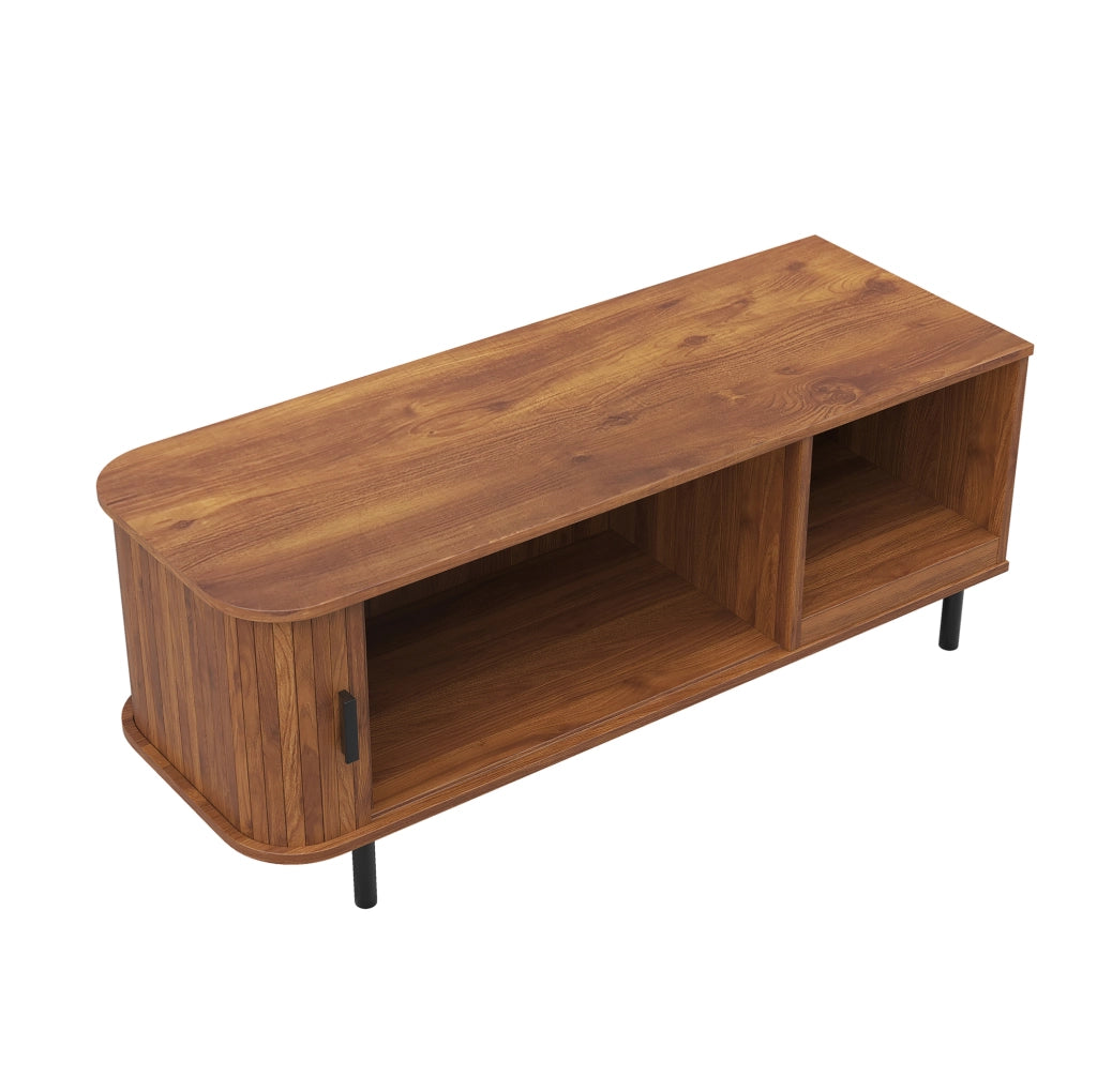 Tavolino da caffè 110x40x55 cm con porta scorrevole e vano a giorno in MDF e truciolare noce