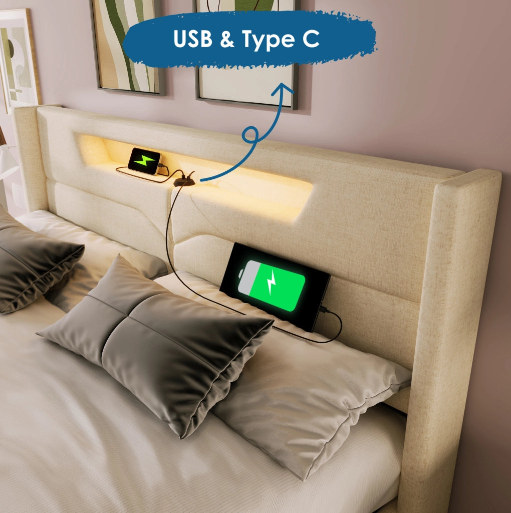 Letto matrimoniale imbottito 140x200 cm in tessuto lino beige con LED; USB e contenitore