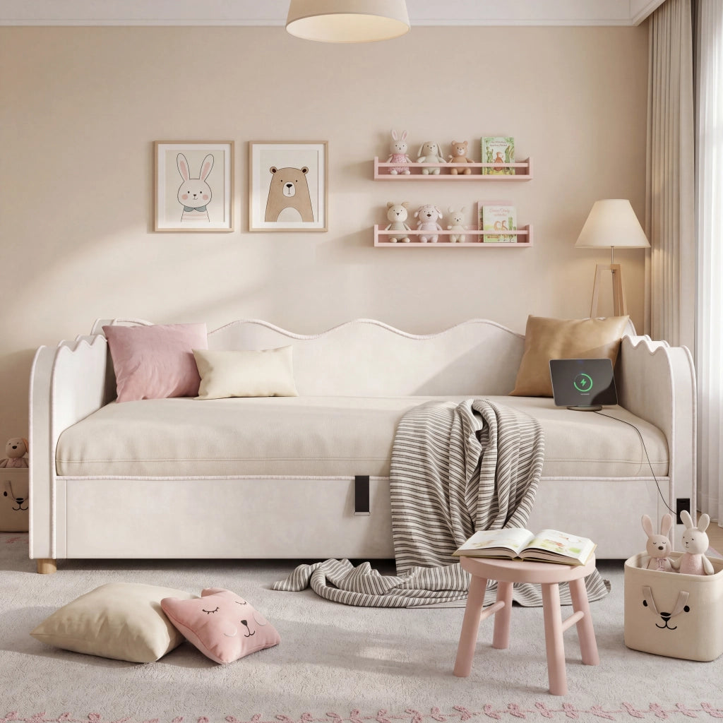 Letto contenitore per bambini 90 × 200 cm con contenitore idraulico, USB e Type-C, senza materasso, in velluto beige