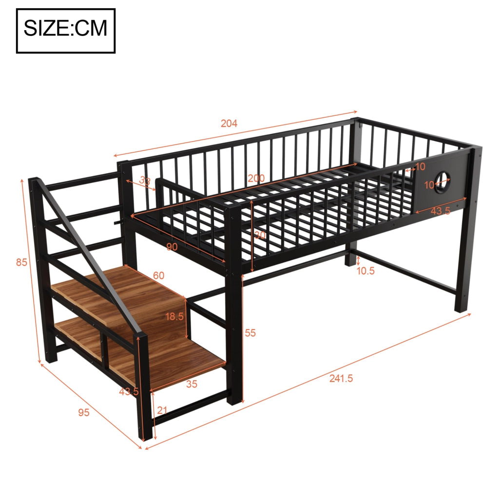 Letto a soppalco basso per bambini 90x200 cm con scala, nero