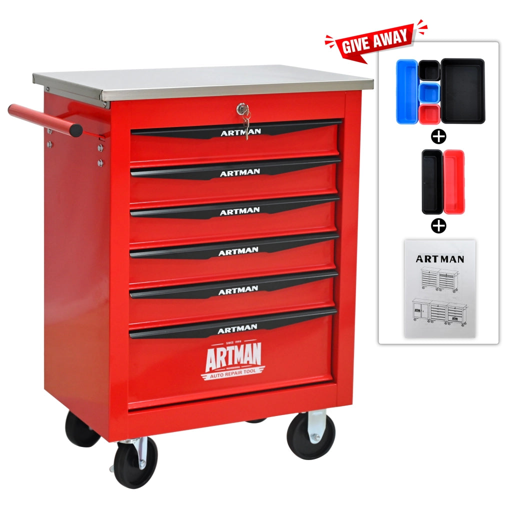 Carrello portautensili con 6 cassetti e ruote, chiudibile, in acciaio, per garage e officina, rosso nero, 62,5 × 34,5 × 78 cm