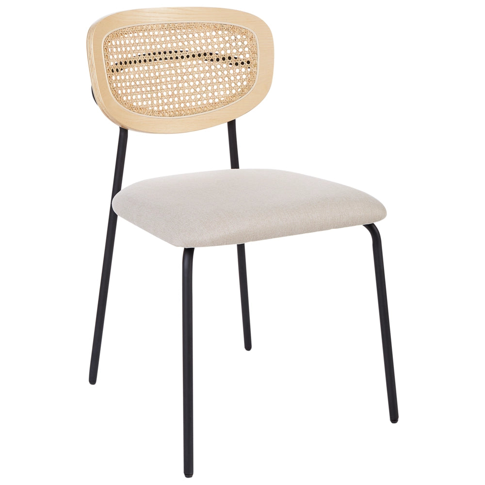 Set di 2 sedie da pranzo Rivestimento in poliestere beige chiaro Schienale in rattan naturale a treccia viennese Gambe in metallo nero Sgabelli senza braccioli