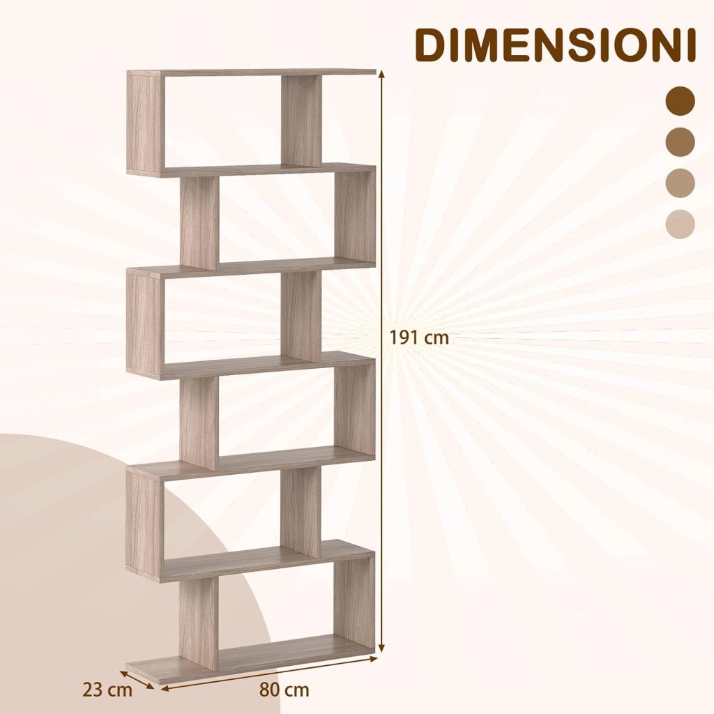 Scaffale a 6 Ripiani, Libreria a Forma di S, Libreria Scaffale da Terra in Legno, Divisorio per Soggiorno, Camera da Letto, Ufficio, 80 x 23 x 192 cm (Quercia)