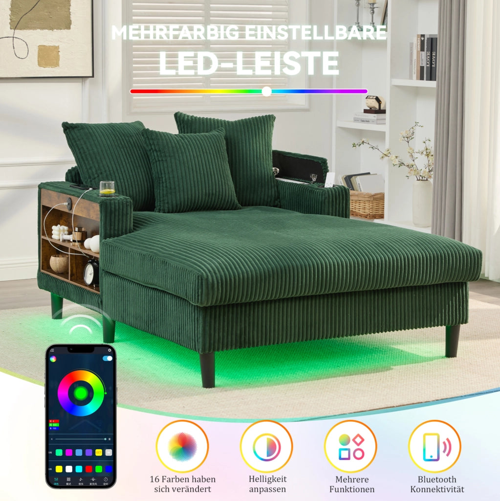 Chaiselongue in velluto a coste smeraldo con LED, portaoggetti e USB