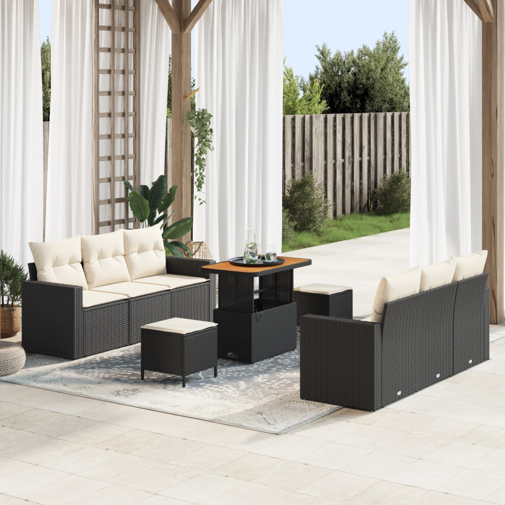 Set Divano da Giardino 9 Pezzi con Cuscini Nero Polyrattan Acacia