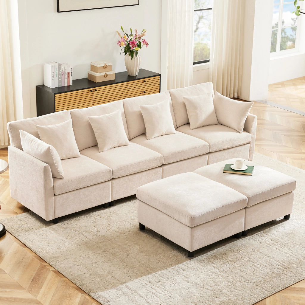 Divano modulare 4-6 posti in ciniglia beige con 2 pouf