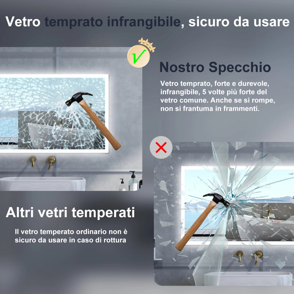 Specchio da bagno Rettangolare con 100x60cm,Memoria, Antifog,Regorabile,Retroilluminato,doppio interruttore,
