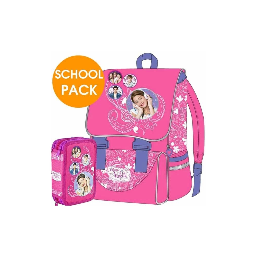 Trade Shop - Kit Scuola School Pack Zaino Estensibile + Astuccio 3 Zip Disney Violetta -