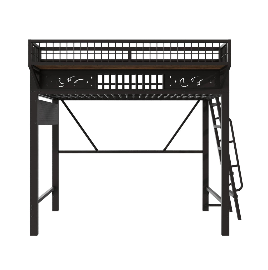 Letto a soppalco 90x200 cm in metallo nero con vani portaoggetti e scala reversibile; senza materasso