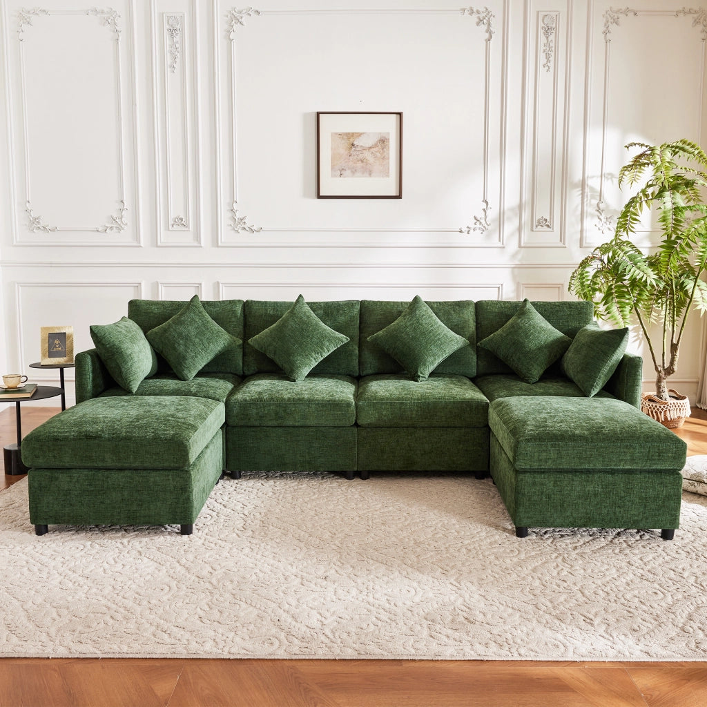 Divano Modulare U e L con 2 Poggiapiedi e 6 Cuscini in Tessuto Chenille ¨C Xylo ¨C Verde