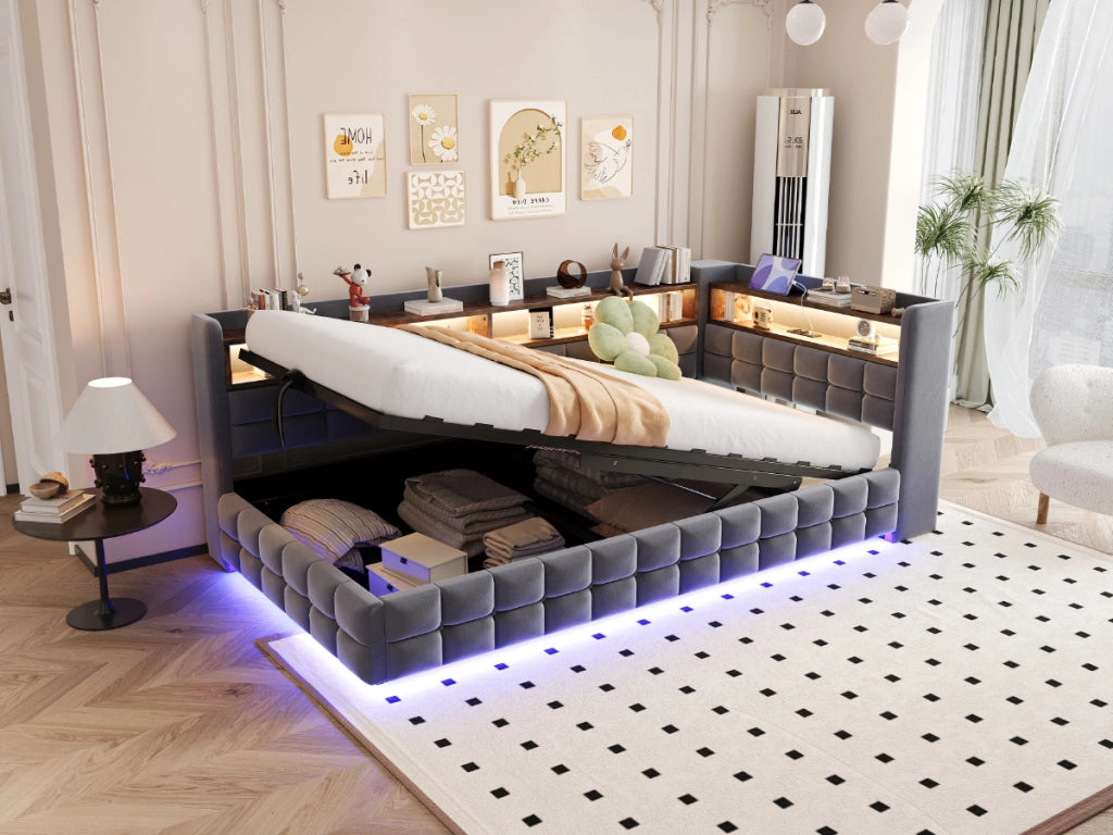 DESMIU Letto Divano 1 Posto con Contenitore, Mensole, USB, Tipo C e LED 90 × 200 cm, senza materasso