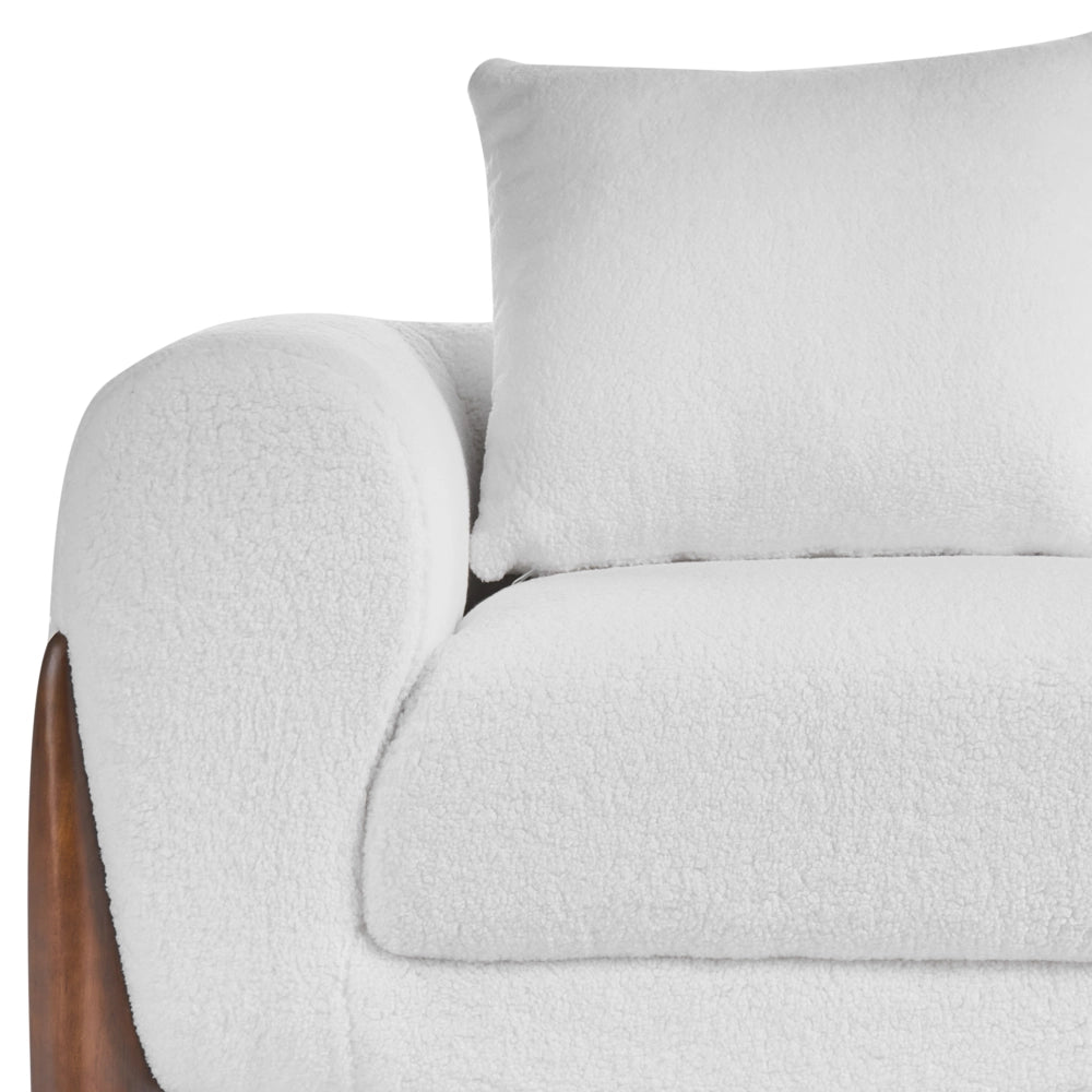 Divano a 3 posti Rivestimento in tessuto bouclè bianco Gambe in legno con braccioli Soggiorno Stile moderno