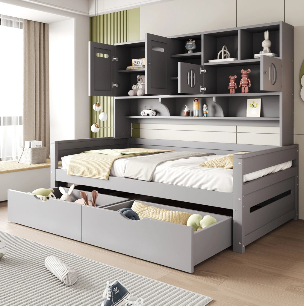 Letto multifunzione 90x200 cm con 2 cassetti e vano contenitore; grigio