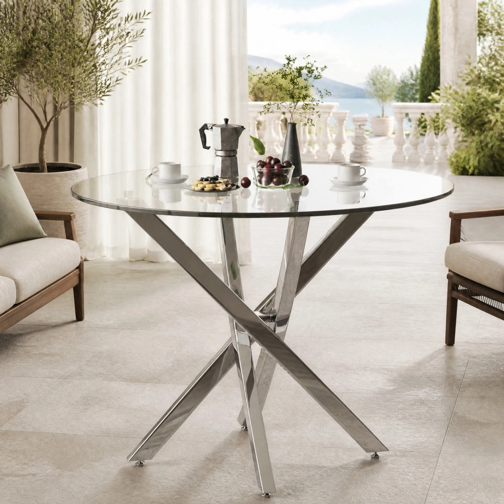Tavolo rotondo moderno 80x80 cm in vetro temperato e metallo, colore argento