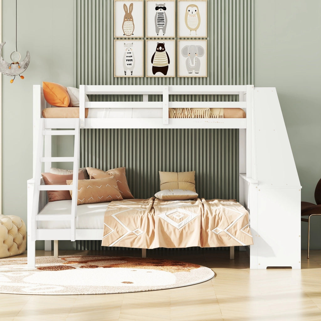 OKWISH Letto a castello 90×200 cm e 140×200 cm, Letto 3 Posti con Scrivania, Mensole e 3 Cassetti, senza Materasso, Bianco