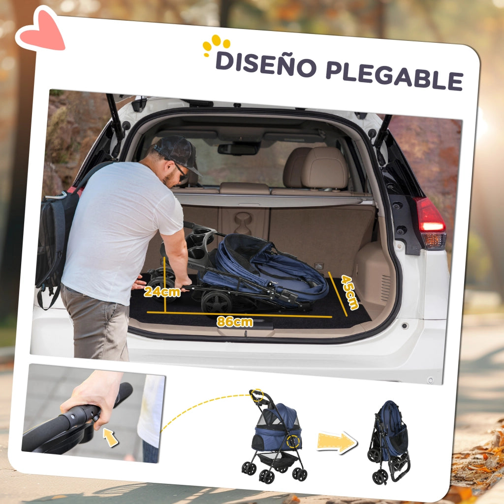 Carrello per Cani Piccoli con Ruote ¨C Xylo ¨C Blu, Cestino Portaoggetti, Cinture di Sicurezza, 67x45x96 cm