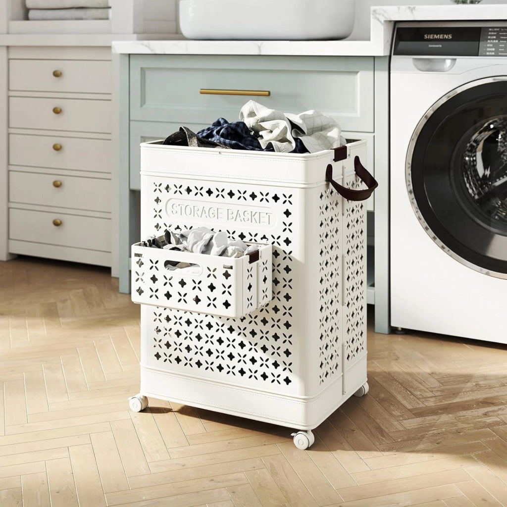 Cesto Portabiancheria Grande 75 L, Cesto in Plastica 43,5 x 34 x 61 cm con 4 Ruote e Cestino per Biancheria Intima e Maniglie, Borsa da Bucato, Bianco