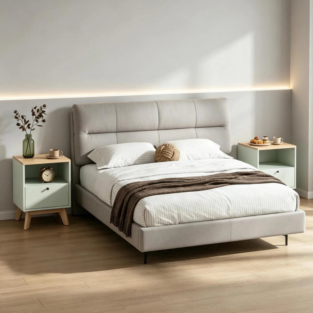 Set di 2 comodini verde chiaro effetto rovere con cassetto e vano aperto