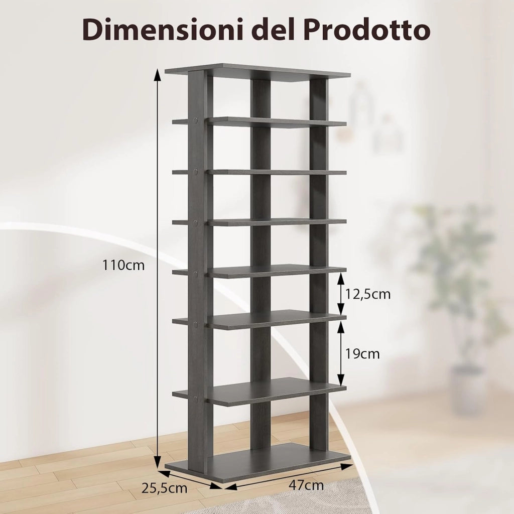 Scarpiera Verticale a 7 Livelli, Organizer per Scarpe in Stile Retrò, con Pannello Rimovibile, Scaffale per Scarpe per Corridoio Ingresso Armadio, 45x25x110 cm (Grigio)