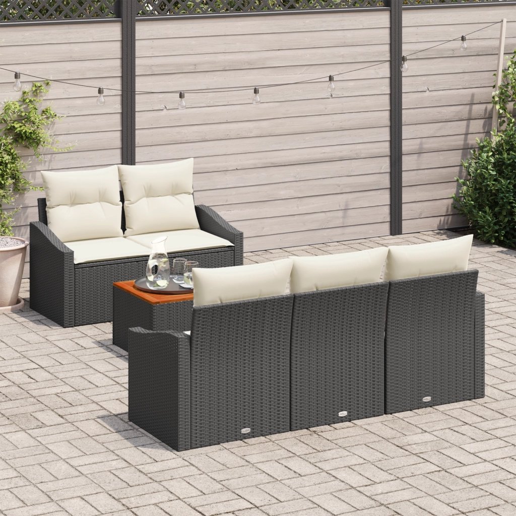 Set Divano da Giardino 6 Pezzi con Cuscini Nero Rattan Polietilene Acacia