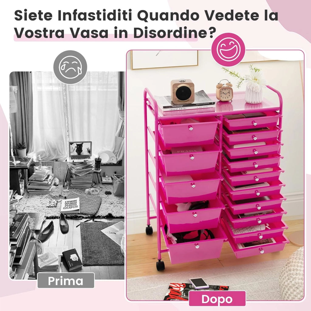 Carrello con 15 cassetti, impilabile, per cassetti, da cucina, bagno, ufficio, 63 x 37 x 87 cm (bianco)