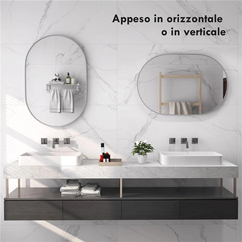 SPECCHIO BAGNO OVALE DA PARETE CON CORNICE IN ALLUMINIO, VERTICALE O ORIZZONTALE, 60X90 CM, ARGENTO