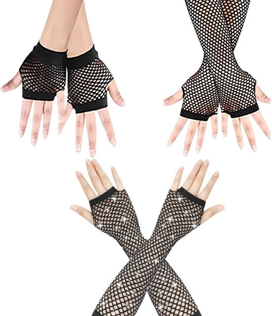 Manopole per mani 3 pezzi - senza dita - nero mesh - respiranti - elastiche - ideali per feste