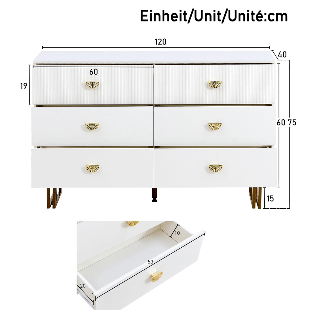 Sideboard moderno con 6 cassetti; 120x40x75 cm; in MDF bianco