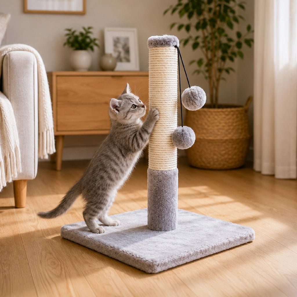 Tiragraffi per Gatti con Palline Gioco Penzolanti, Colonna in Sisal Naturale, Base Rivestita in Peluche, 40x32x32 cm Grigio