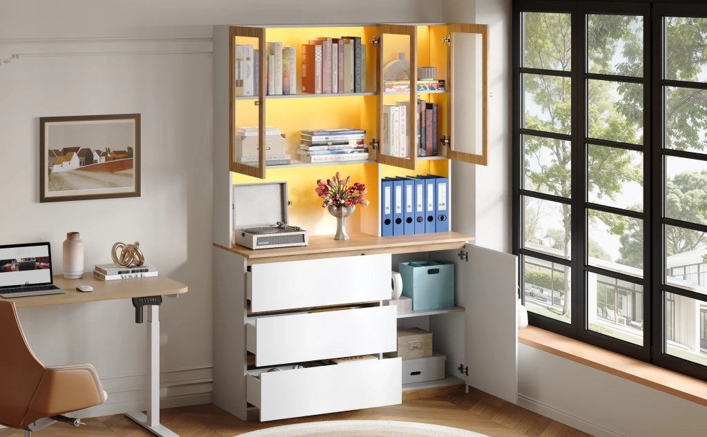 Vetrina alta con LED, 1 anta, 3 cassetti e vani aperti, per soggiorno e cucina, in MDF, bianco e rovere, 120 × 200 cm