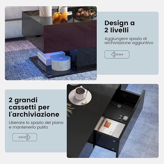 Tavolino da Caffè Moderno, Tavolino a 2 Piani con 20 Luci LED a Colori, 2 Cassetti Portaoggetti e Finitura Lucida, Tavolino Rettangolare per Salotto, Studio e Camera da Letto (Nero)