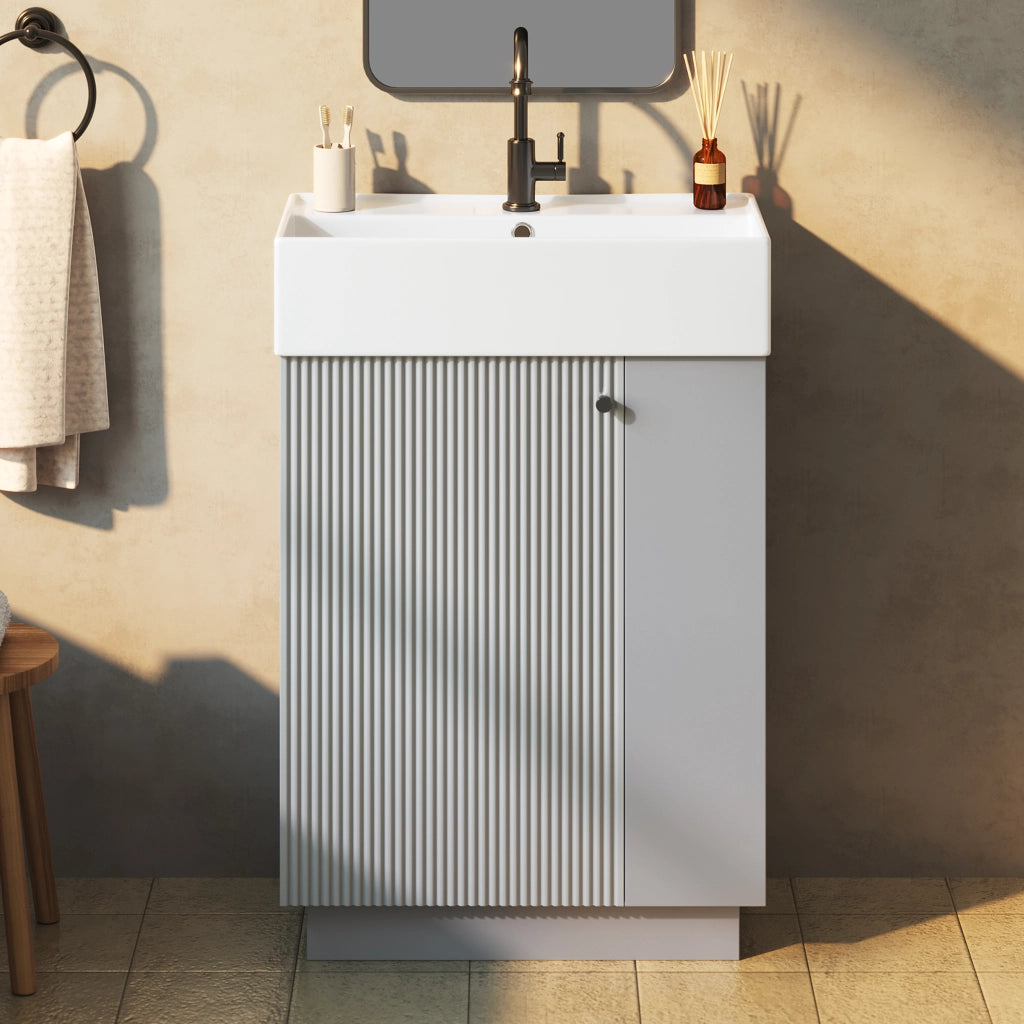 Mobile sotto lavabo 55 cm con lavabo in ceramica, porta carta igienica removibile, finitura grigio MDF, soft-close