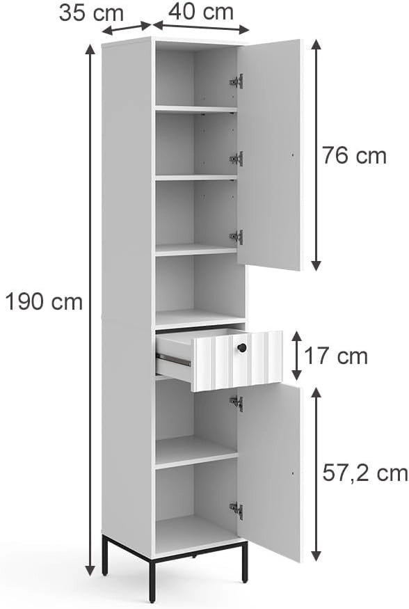 Armadio per il bagno Eliza, Ondulazione bianca, 40 x 190 cm con 2 porte, per la conservazione di accessori da bagno e combinabile con la serie Eliza