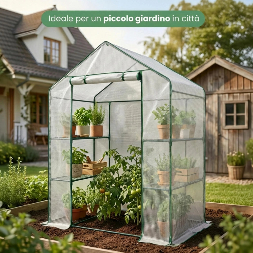 Mini serra da giardino a casetta con struttura in metallo e telo in PE con ripiani 1 porta Bianco 143x73x195 cm