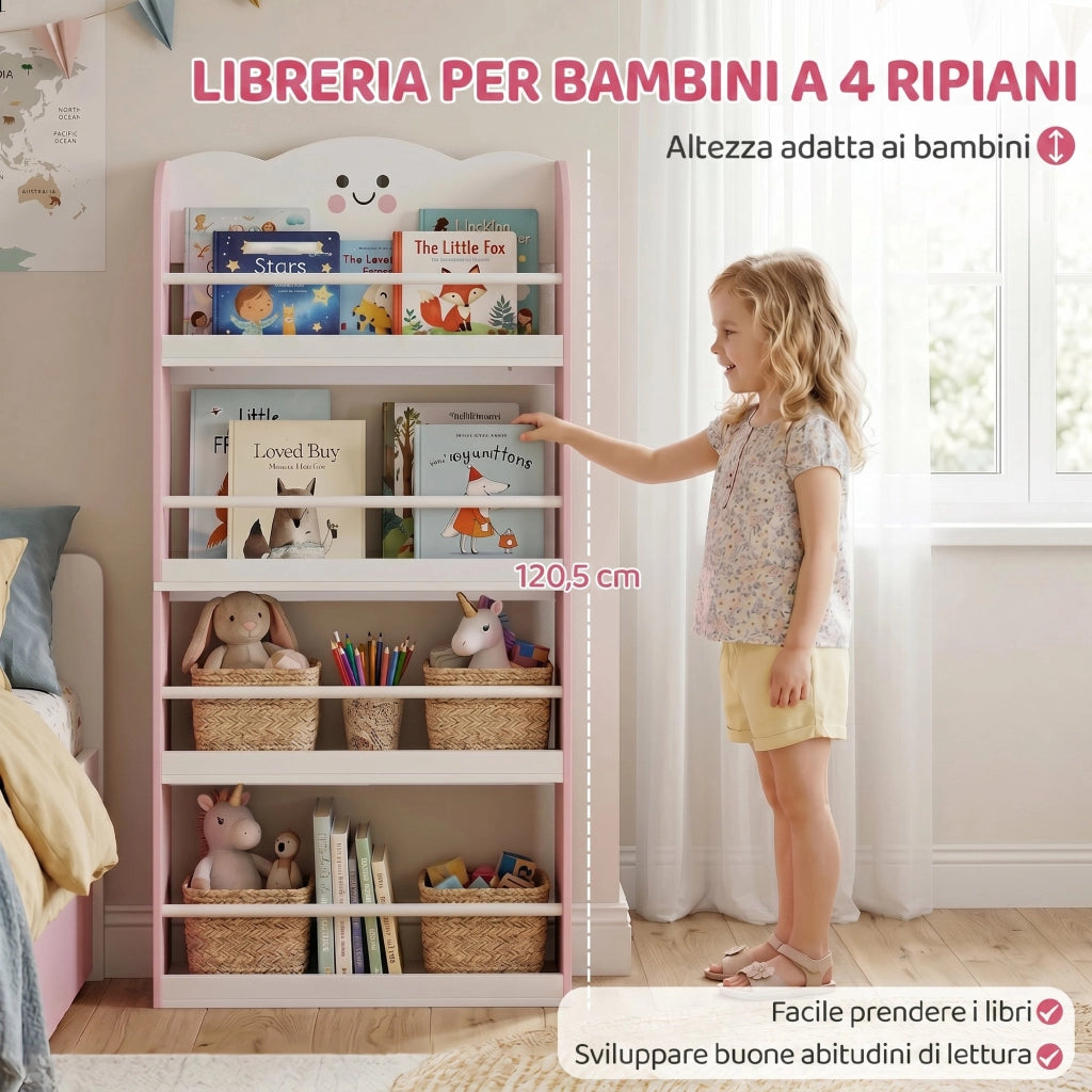 Libreria Montessoriana per Bambini 3-6 Anni 60x15x120,5 cm 4 Ripiani in Legno Rosa