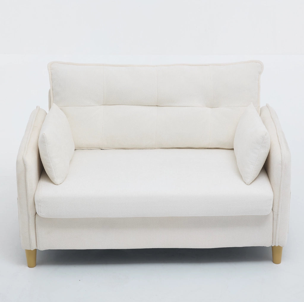Divano 2 posti ULEVR 127 cm in tessuto chenille beige con braccioli, tasche laterali e cuscini