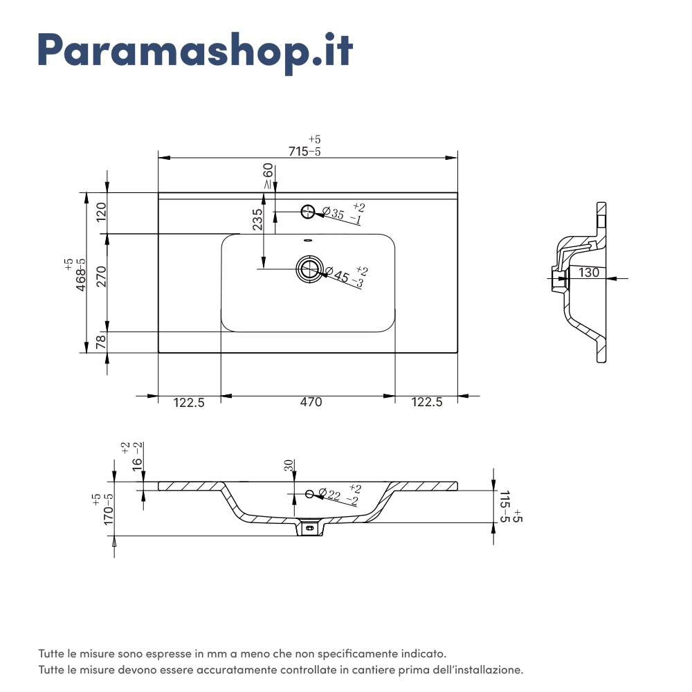 Mobile bagno sospeso modulare 70cm due cassetti apertura push&pull rovere gransasso con lavabo | Galdor