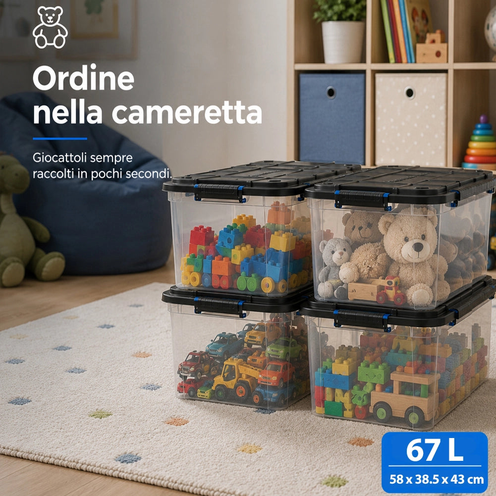 Set 4 Pezzi Contenitori con Coperchio Storage Box Solid Cargo 67L 58x38.5x43 cm
