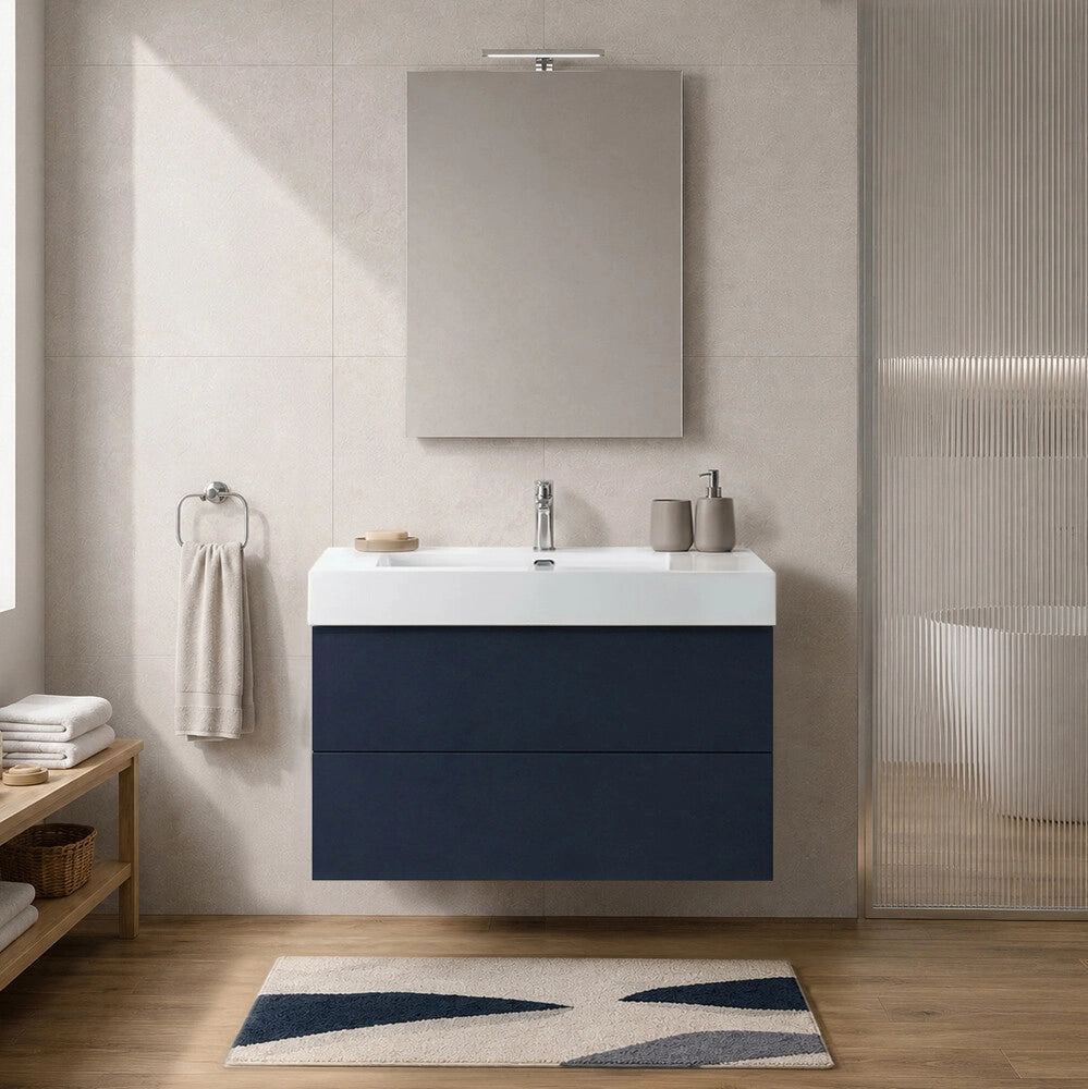 Mobile bagno sospeso 100 cm blu due cassetti push-pull e lavabo in resina Tierra